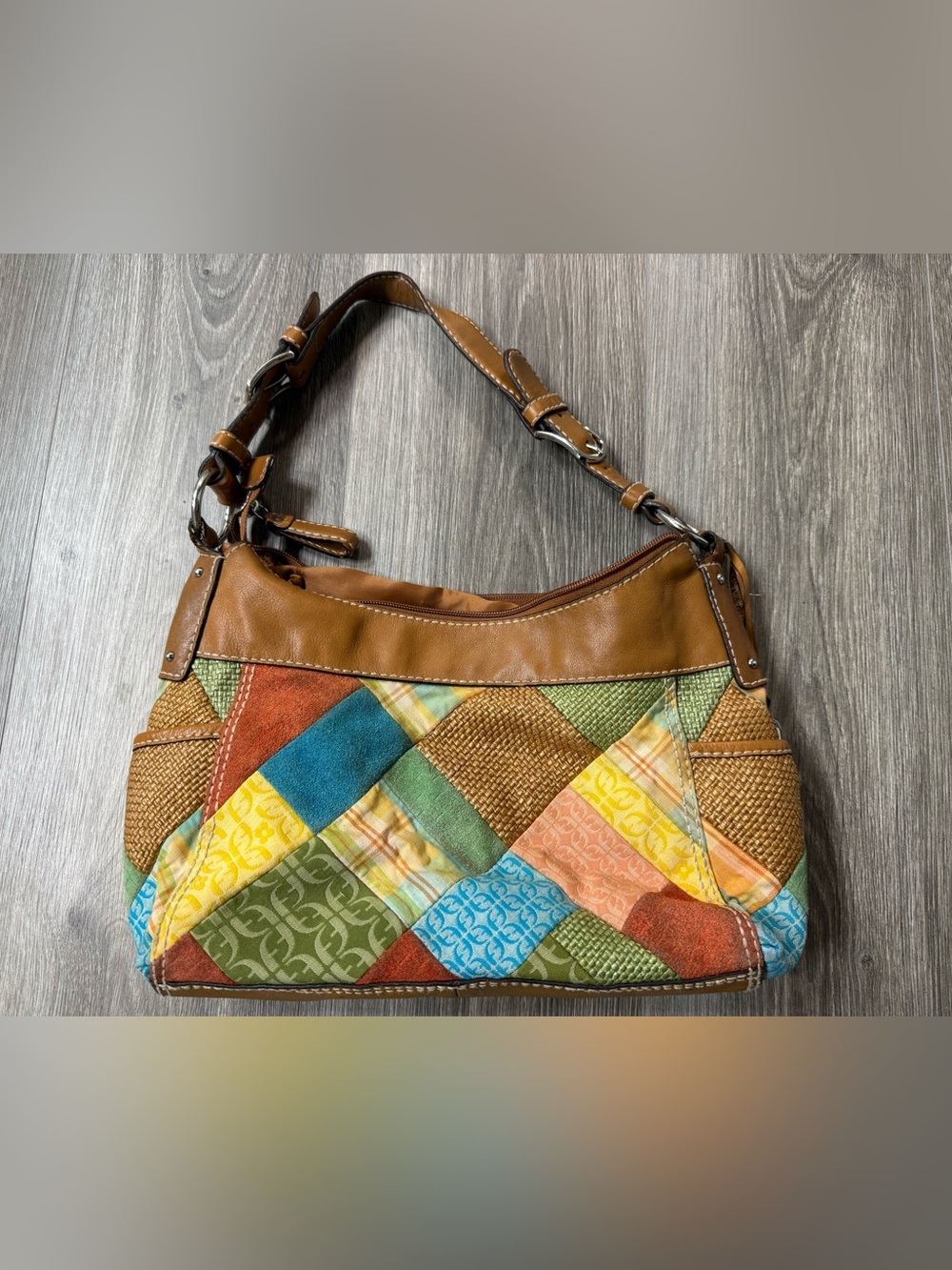 Vintage Y2K Fossil Colorful Patchwork Shoulder Bag Leather Suede Canvas Boho Key